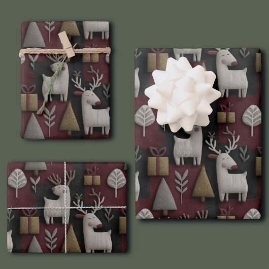 Modern Christmas Reindeer Red And Gold Pattern Inpakpapier Vel
