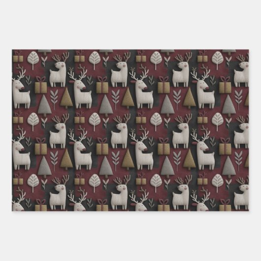 Modern Christmas Reindeer Red And Gold Pattern Inpakpapier Vel (Voorkant 2)