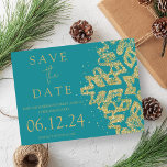 Modern Christmas Save The Date Gold Glitter Blauwg Aankondigingskaart<br><div class="desc">Elegant Kerstfeest / Winterfeest / Feestdag / Zakelijke kerstfeestaankondiging "Save The Date" sjabloon met gouden glitter sneeuwvlok op Blauwgroen</div>