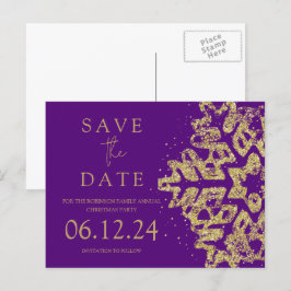 Modern Christmas Save The Date Gold Glitter Paarse Aankondigingskaart