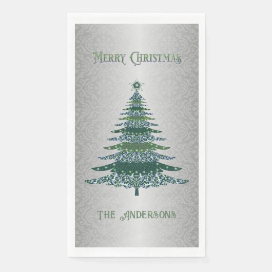 Modern Christmas Tree Green Silver Naam Ornamenten Servet (Voorkant)