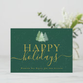 Modern Christmas Trees Logo Green Gold Business Feestdagenkaart (Staand voorkant)