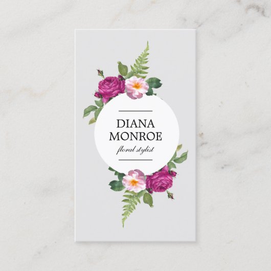 Modern Circle Floral Wreath Grey Visitekaartje (Voorkant)