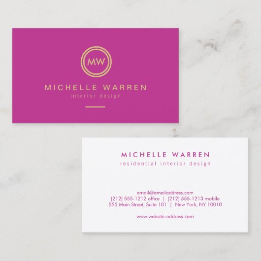 Modern Circle Monogram Initialen op Fuchsia Roze Visitekaartje (Voorkant / Achterkant)