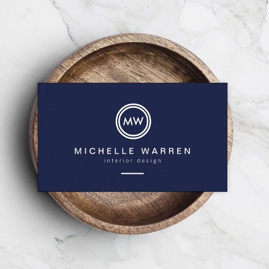 Modern Circle Monogram Initialen op Midnight Blue Visitekaartje