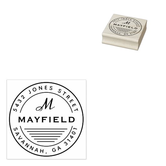 Modern Cirkel Monogram Rond Terugkeeradres Rubberstempel (Gestempeld)