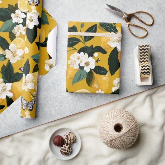Modern Citroen Bloem Vlinder Patroon Cadeaupapier (Crafts)