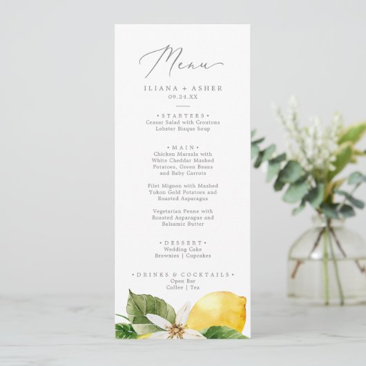 Modern Citroen Tuin Bruiloft Diner Menu (Staand voorkant)