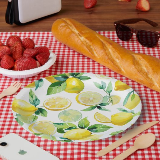 Modern citroenblauw bloemenscript vrijgezellenfees papieren bordje (Picknick)