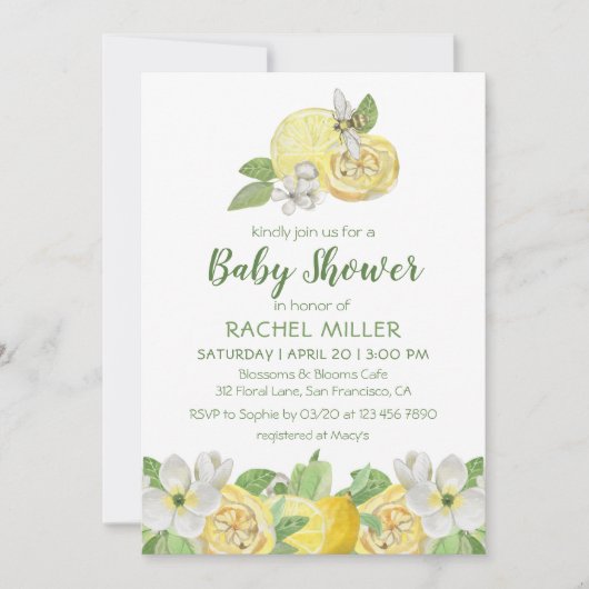 Modern Citrus Floral Lemon Waterverf Baby shower Kaart (Voorkant)