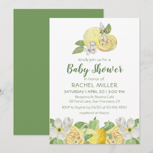 Modern Citrus Floral Lemon Waterverf Baby shower Kaart (Voorkant / Achterkant)