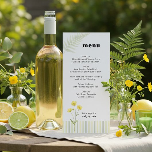 Modern Citrus Green Wildflower Stripe Wedding Menu