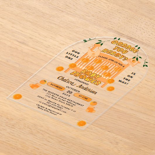 Modern Citrus Luxe Sinaasappel u klaar Baby shower Acryl Uitnodigingen (Laagn)