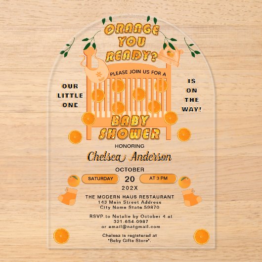 Modern Citrus Luxe Sinaasappel u klaar Baby shower Acryl Uitnodigingen (Voorkant)