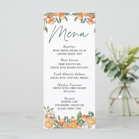 Modern Citrus-thema bruiloft menu Kaart (Staand voorkant)