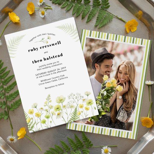 Modern Citrus Wildflower Stripe Photo Wedding Kaart