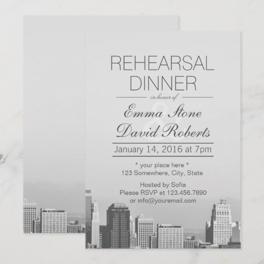 Modern City Skyline Destination Rehearsal Dinner Kaart (Voorkant / Achterkant)