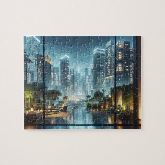 Modern City Uitzicht bij Raining Night Jigsaw Puzz Legpuzzel (Horizontaal)