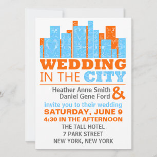Modern City Wedding Invitations Oranje en blauw Kaart