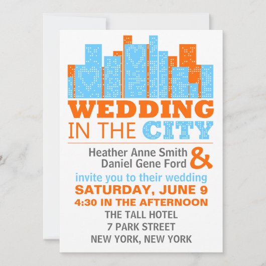 Modern City Wedding Invitations Oranje en blauw Kaart (Voorkant)