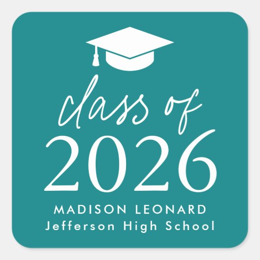 Modern Class of 2025 Script Blauwgroen Afstuderen Vierkante Sticker (Voorkant)
