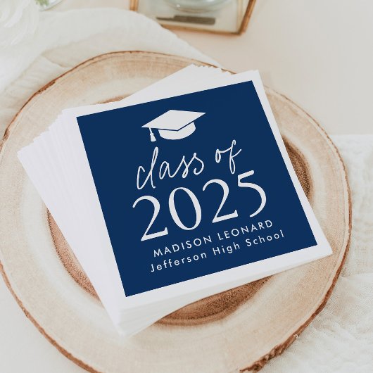 Modern Class of 2025 Script Navy Blue Afstuderen Servet