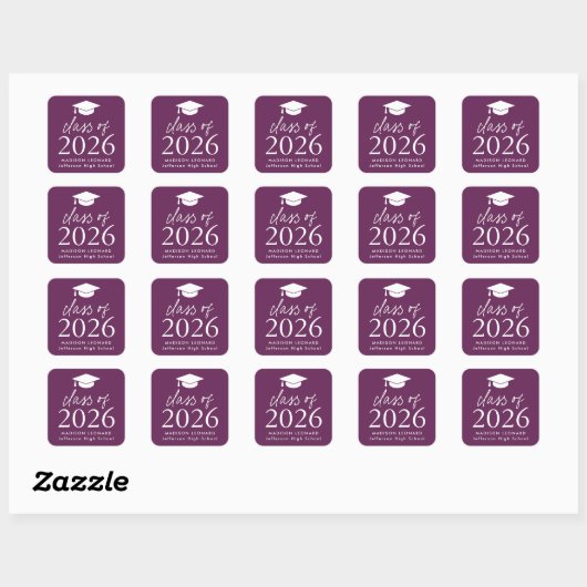 Modern Class of 2025 Script Paarse Afstuderen Vierkante Sticker (Vel)