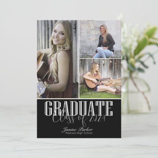 Modern Class of Add Four Photos Zwart Afstuderen Aankondiging (Staand voorkant)