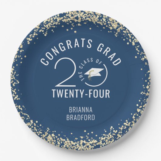 Modern CLASS YEAR Afstuderen Blauw Goud Papieren Bordje (Voorkant)