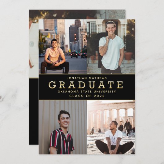 Modern Classic Black Gold Photo Afstuderen Aankondiging (Voorkant / Achterkant)