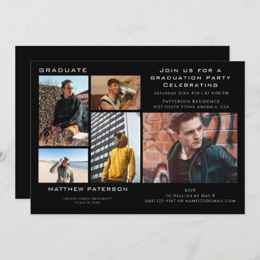 Modern Classic Black Photo Collage Afstuderen Kaart (Voorkant / Achterkant)