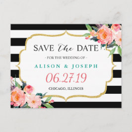Modern Classic Black Stripes Floral Save the Date Aankondigingskaart