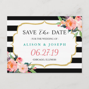 Modern Classic Black Stripes Floral Save the Date Aankondigingskaart