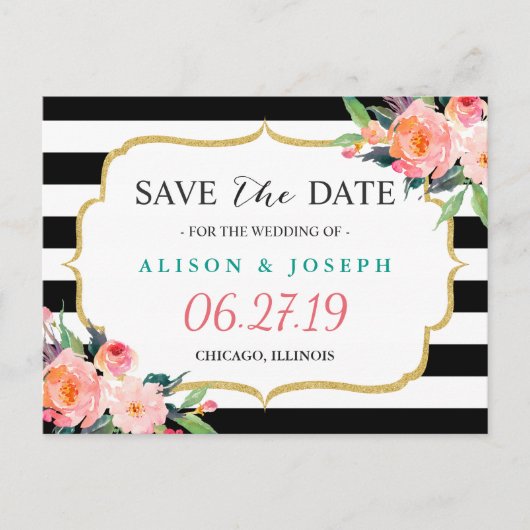 Modern Classic Black Stripes Floral Save the Date Aankondigingskaart (Voorkant)