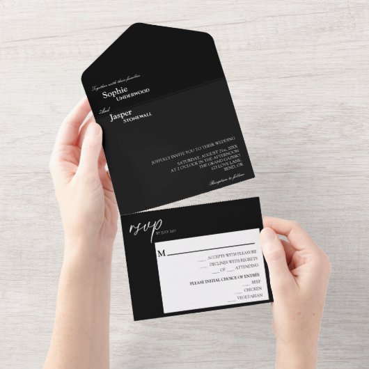 Modern Classic Black Wedding All In One Uitnodiging (Afscheurbaar)