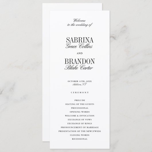 Modern Classic Black Wedding Ceremony Program (Voorkant / Achterkant)