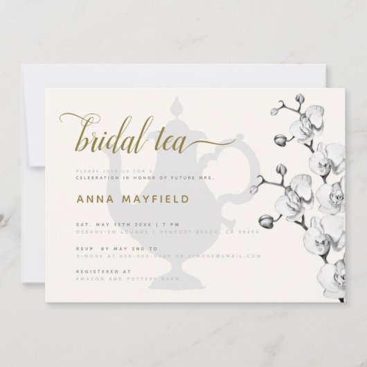 Modern Classic Black White Gold Orchid Bridal Tea Kaart (Voorkant)