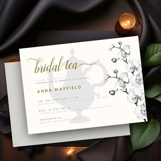 Modern Classic Black White Gold Orchid Bridal Tea Kaart