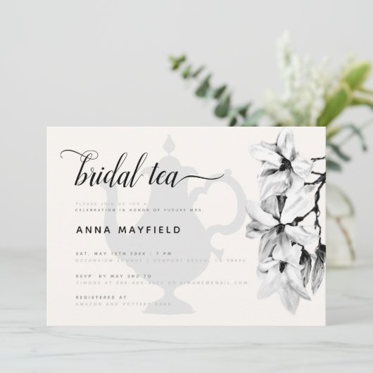 Modern Classic Black White Magnolia Bridal Tea Kaart (Staand voorkant)