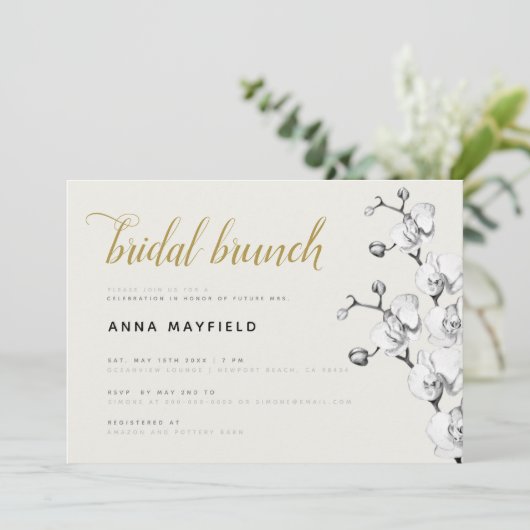 Modern Classic Black White Orchid Bridal Brunch Kaart (Staand voorkant)