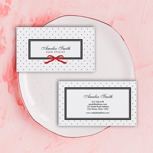 Modern Classic Black White Polka Dot Red Ribbon Visitekaartje
