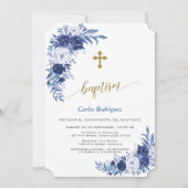 Modern Classic Blue Flowers Cross Boy Baptisme Kaart (Voorkant)