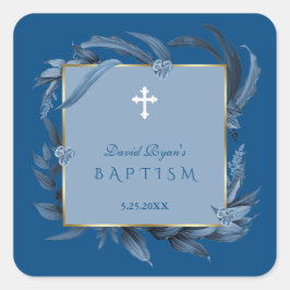 Modern Classic Blue Leaves Geometric Boy Baptisme  Vierkante Sticker