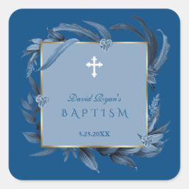 Modern Classic Blue Leaves Geometric Boy Baptisme  Vierkante Sticker