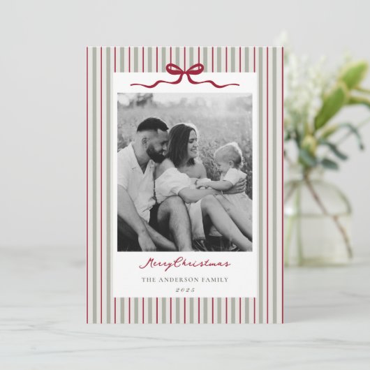 Modern Classic Bow and Stripes Two Sided Photo Feestdagenkaart (Staand voorkant)