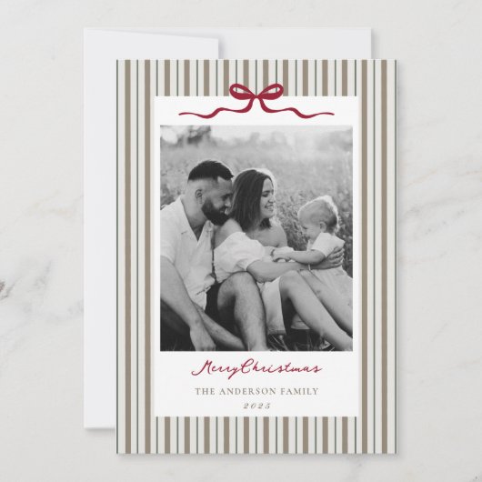 Modern Classic Bow and Stripes Two Sided Photo Feestdagenkaart (Voorkant)
