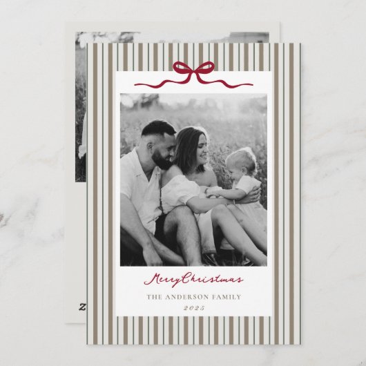 Modern Classic Bow and Stripes Two Sided Photo Feestdagenkaart (Voorkant / Achterkant)