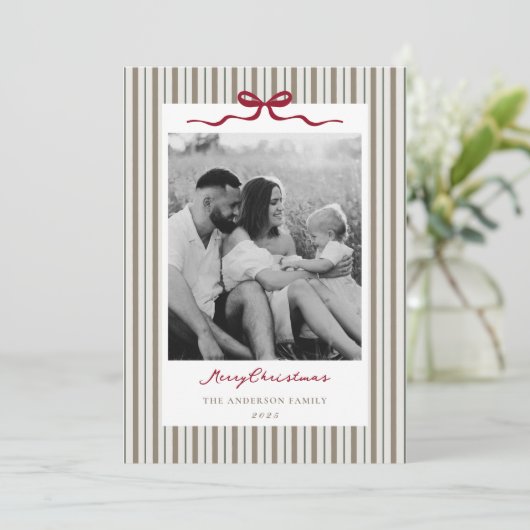 Modern Classic Bow and Stripes Two Sided Photo Feestdagenkaart (Staand voorkant)