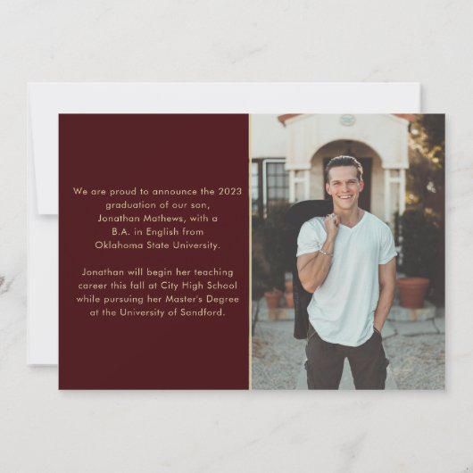 Modern Classic Burgundy Gold Photo Afstuderen Aankondiging (Achterkant)