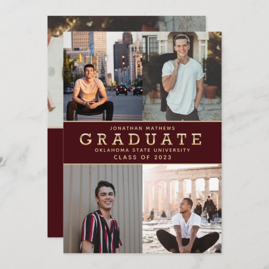 Modern Classic Burgundy Gold Photo Afstuderen Aankondiging (Voorkant / Achterkant)